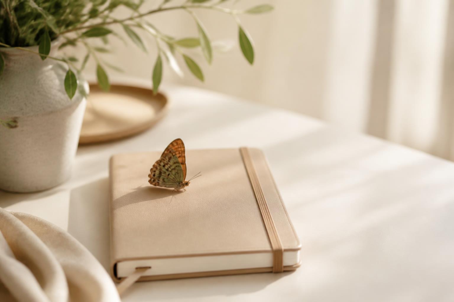 Caderno fechado com uma borboleta pousada delicadamente, sobre mesa clara com folhagem